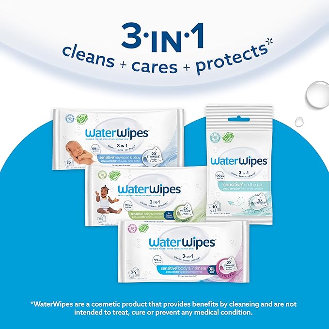 WaterWipes Sensitive+ On The Go Wipes, 3-In-1 Cleans, Cares, Protects, 99.9% Water, Unscented & Hypoallergenic Wet Wipes, 100 Count (10 Packs)