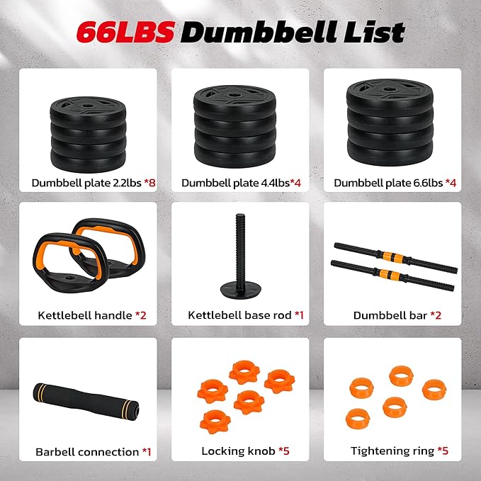Adjustable Dumbbell Set, 66LBS Weights Dumbbells Set with Connector, 4 In 1 Dumbbell Set Used as Barbell, Kettlebell, Push-Up Stand and Weight Plate, Fitness Equipment for Home Gym