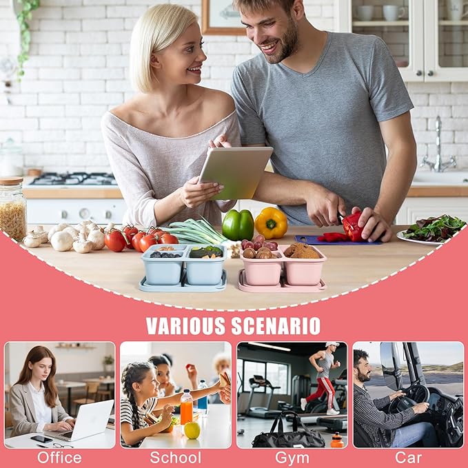 4Piece Silicone Snack Container with Lids, 3 Compartment Snack Container, is Perfect for Lunch Salads, Snack Boxes, and Ideal for Travel, Office, and Picnics.（Lightweight Stackable ）