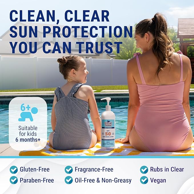 Coral Isles Sunscreen SPF 50 | Hawaii Compliant | Octinoxate & Oxybenzone Free | Broad Spectrum UVA/UVB Protection | Water Resistant 80 Min. | Fragrance Free | 32 Fl Oz Quart w/Pump