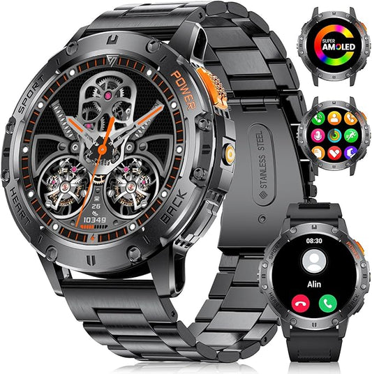 DREMAC Military Smart Watches for Men for Android/iPhone,1.43''AMOLED Display Sport Watch with 123 Sport Modes/Flashlight,5ATM Waterproof Fitness Tracker with Heart Rate/Sleep Monitor,Metal Strap