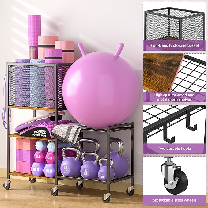 5 Tier Dumbbell Rack, Yoga Mat Storage Holder, Home Gym Storage Rack, Workout Equipment Storage Organizer, Weight Storage Holder Rack with Hooks and Wheels