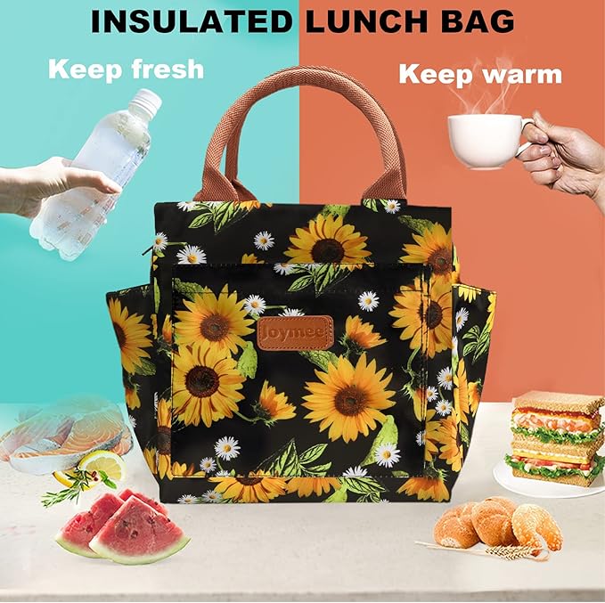 Joymee Lunch Bag Women Insulated Lunch Box Reusable Leakproof Large Spacious Cooler Tote for Womens Mens Adults with Bottle Holder and Side Pockets for Work Office Travel Picnic - Sunflower