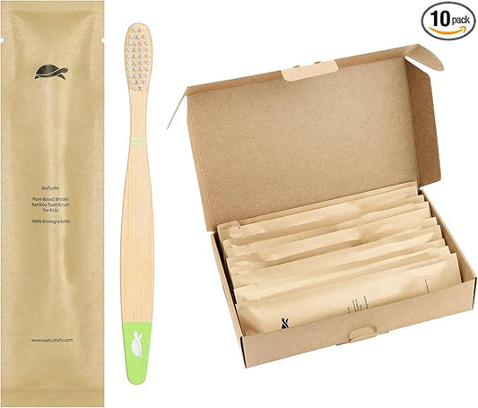 Sea Turtle Plant-Based Bristles, Soft Bamboo Toothbrushes, Individually Sealed for Kids (10 Pack)