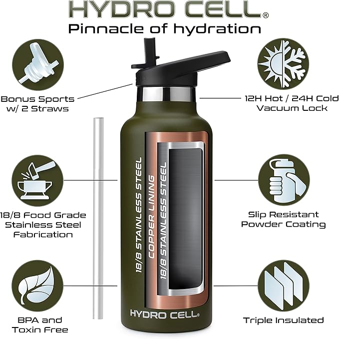 HYDRO CELL Stainless Steel Water Bottle with Straw & 2 Standard Mouth Lids (32oz 24oz 20oz 16oz) Keeps Liquids Hot or Cold w/Double Wall Vacuum Insulated Leak Proof Sport Design (Army 20oz)
