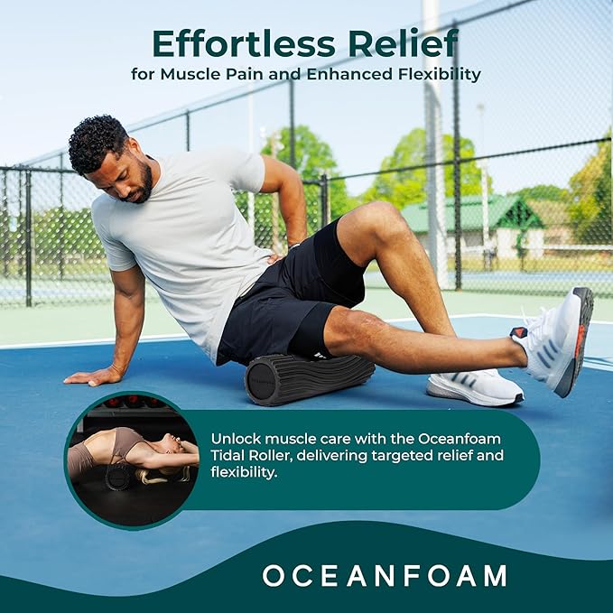 Oceanfoam Tidal Roller - Black - Muscle Massage Foam Roller for Back Pain & Stretching - Firm and Ergonomic Wide Wave Textured - Yoga, Athletics, & Wellness - Full Size, 20" x 5"