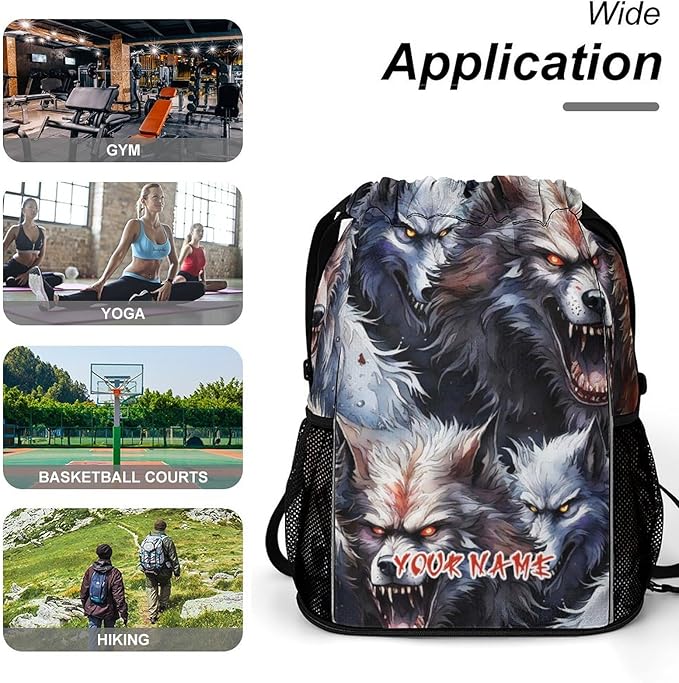 Custom Wolf Drawstring Backpack - Cute Cinch Sack, String Backpacks with Pocket for Women Men Kids Boys Girls for Gym Outdoor Sports Travel Athletic Drawstring Bag - Lightweight/Foldable