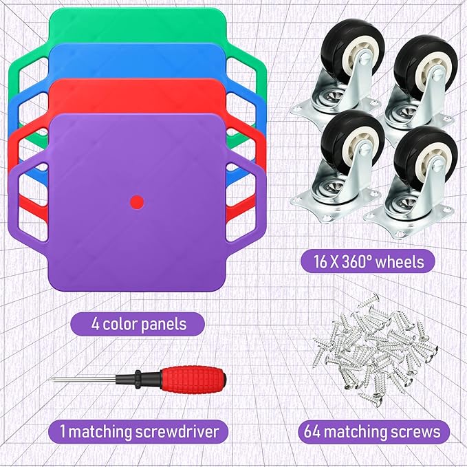 Jerify 4 Pieces Sports Scooter Board with Handles Plastic Casters Floor Sitting Scooter Boards for Kids Children Gym Indoor Outdoor Activities Play Equipment, 11.22 x 11.22 inch