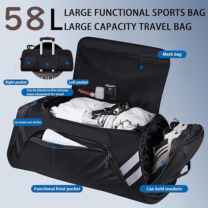 Gym Bag for Men and Women, 58L Large Travel Bag with Shoes Compartment and Wet Pocket,Sports Bag for Training,Sauna,Fitness, Swimming, Sports, Traveling