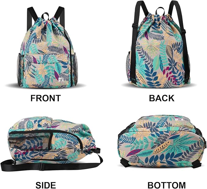 Drawstring Backpack with Mesh Pockets String Gym Bag Sackpack Sandproof Water Resistant Beach Backpack for Men Women