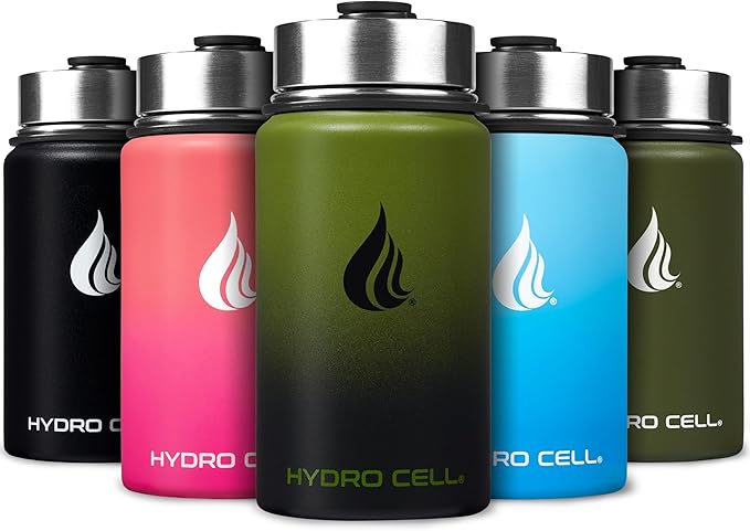 HYDRO CELL Stainless Steel Insulated Water Bottle with Straw - For Cold & Hot Drinks - Metal Vacuum Flask with Screw Cap and Modern Leakproof Sport Thermos for Adults (Army/Black 14oz)