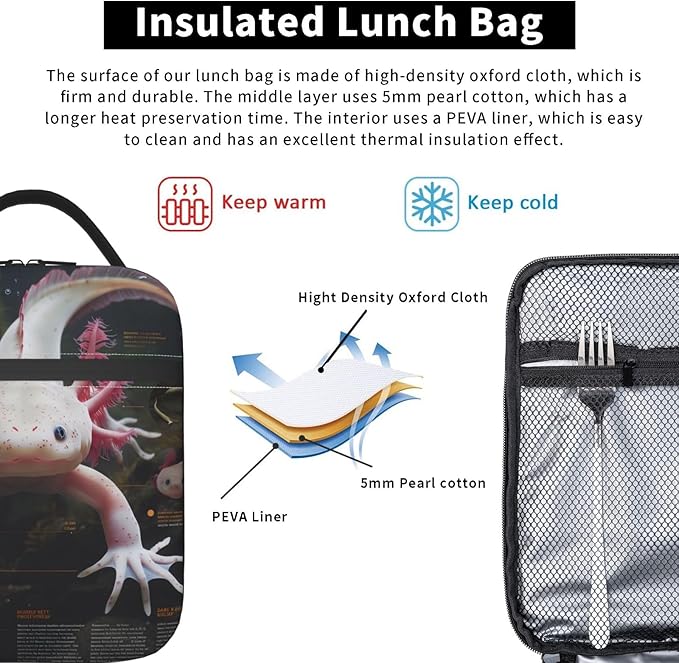 Insulated Lunch Box for Women Men, Pink Axolotl Theme Lunch Box Reusable Portable Lunch Bag Cooler Tote Waterproof Lunch Container for Office Picnic Work Travel