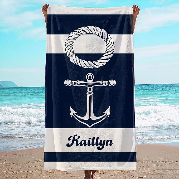 JML Personalized Beach Towel with Name, Custom Anchor Beach Towel, Customized Microfiber Pool Towel, Quick Dry & Absorbent Swim Towel for Adult,Mother's Day, Birthday, Summer Holiday,Vacation