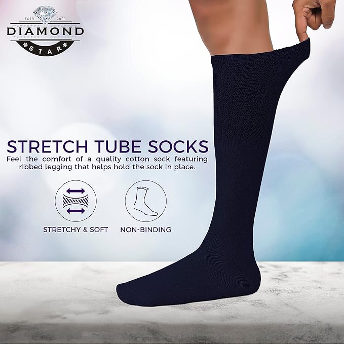 Diamond Star Men's 6 Pack Athletic Tube Socks Running Sports OVER THE CALF Full Cushioned Premium Soft Cotton Big and Tall