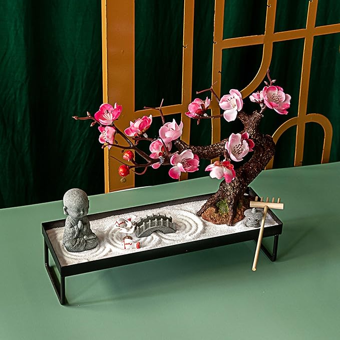 Mini Zen Garden Kit for Desk Tabletop Rock Sand Tray Therapy Kit Office Stress Relief Spiritual Decor Japanese Zen Healing Gifts for Lady Yoga Meditation Accessories with Bonsai Buddha Koli Fish Rake