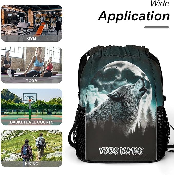 Custom Wolf Drawstring Backpack - Cute Cinch Sack, String Backpacks with Pocket for Women Men Kids Boys Girls for Gym Outdoor Sports Travel Athletic Drawstring Bag - Lightweight/Foldable
