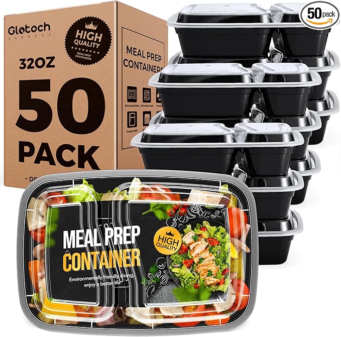 Glotoch 50 Pack 32oz 2 Compartment Meal Prep Container Microwave Safe, Food Prep Containers With Lids For Lunch/Deli/Takeout/Leftover, BPA-Free Freezer & Dishwasher Safe, Black