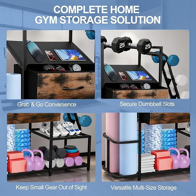 Dumbbell Rack for Home Gym, 5-Tier Metal Home Gym Storage Rack with Drawer and Slanted Shelf, Multi-Functional Organizer for Dumbbells, Yoga Mats & Accessories, Weight Rack for Home Gym Dumbbells