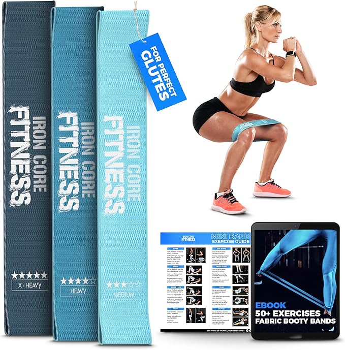Fabric Mini Resistance Bands Sets for Trainers, Bootcamp, Gym for Men and Women in Fun Colors - Ebook, Videos and Workout Chart Included by Iron Core Fitness