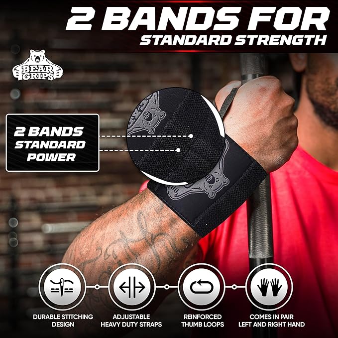 Bear Grips Wrist Wraps for Weightlifting | Weight Lifting Wrist Straps for Weightlifting | Extra Strength Gym Wrist Wraps | Two Wrist Wrap Per Pack | 12” & 18” | Lifting Wrist Wraps for Men & Women