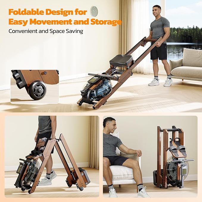 Dripex Rowing Machines for Home Foldable, Water Rowing Machine Max 350 LBS, Water Rower with Smooth Slide Rail, Comfortable Seat, Bluetooth App Supported, LCD Monitor, Wooden Row Machine for Home Gym