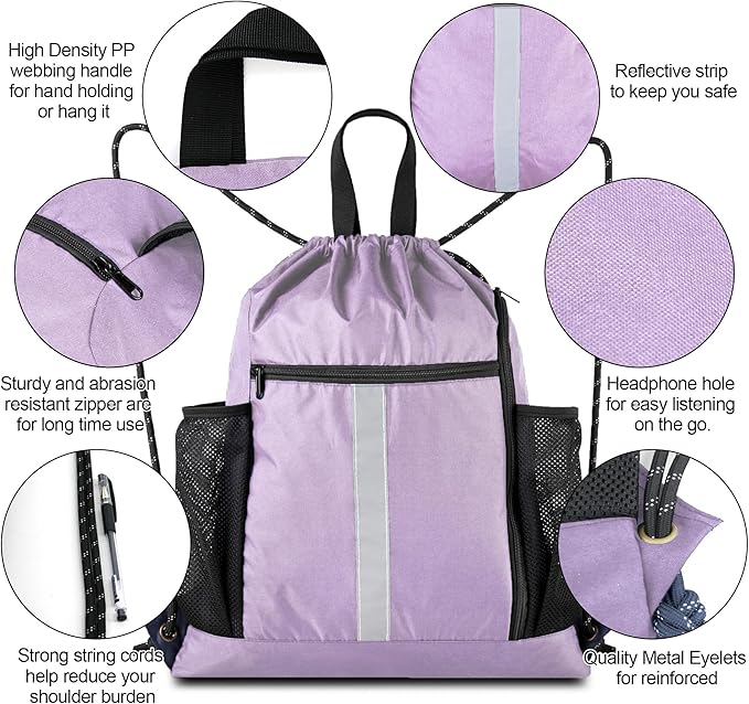 BeeGreen Lilac Drawstring Backpack Bag Gym Sports Backpack with Shoe Compartment and Two Water Bottle Holder for Women Men Large String Athletic Sackpack Workbag