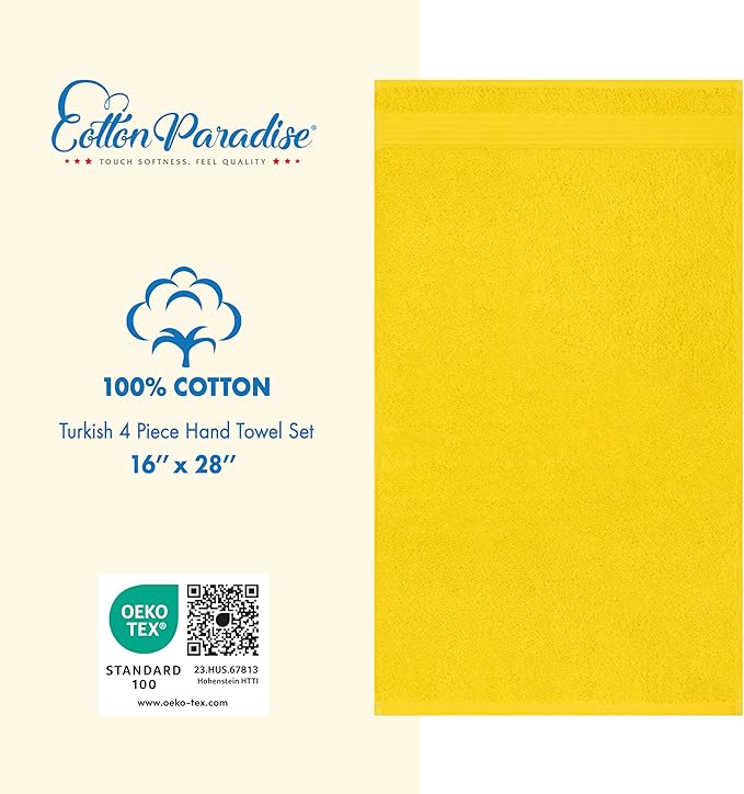 Cotton Paradise Hand Towels for Bathroom, 100% Cotton Turkish 4 Piece Hand Towel Set, Soft Absorbent Face Towels, Yellow Hand Towels