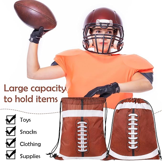 durony 15 Pieces Football Drawstring Gift Bags Bulk Candy Bag 15.8 x 13.4 Inch Football Goodie Backpack Sports Party Favor Supplies for Gym Travel Party Storage