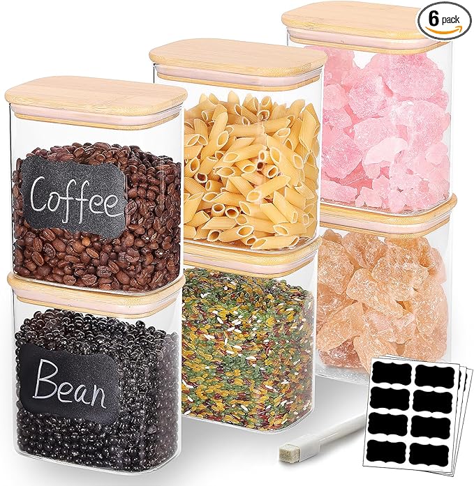 33OZ Airtight Glass Food Storage Containers with Lids - Set of 6 for Pantry, Cereal, Flour & Rice Dispensing - Rectangle Shapes with Bamboo Lids - Ideal for Kitchen Organization & Meal Prep