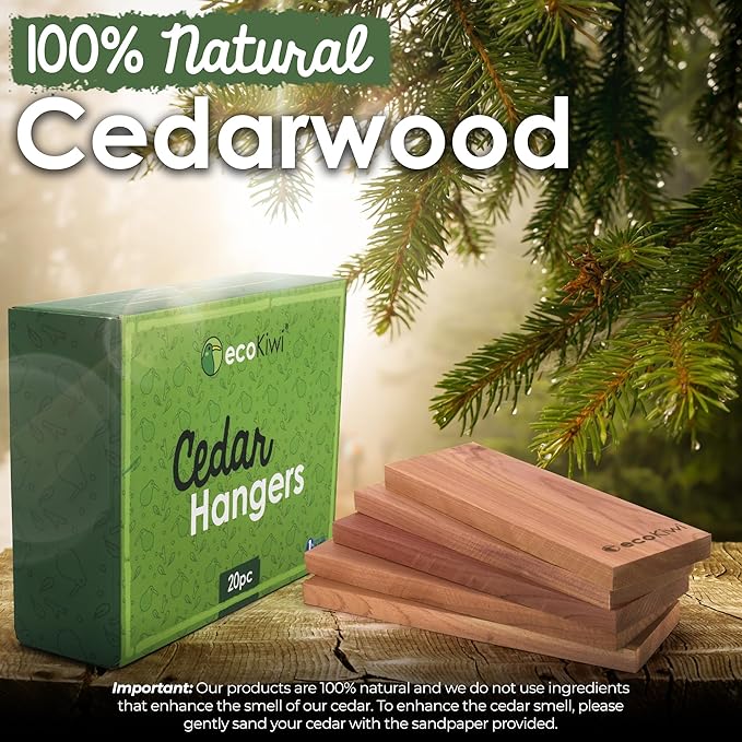 ecoKiwi Cedar Blocks for Clothes Storage - 20 Pack Hang Ups - 100% Natural Aromatic Cedar Planks for Closets and Drawers - Cedar Wood Hangers Balls Chips with Sandpaper - Cedarwood Scented Freshener