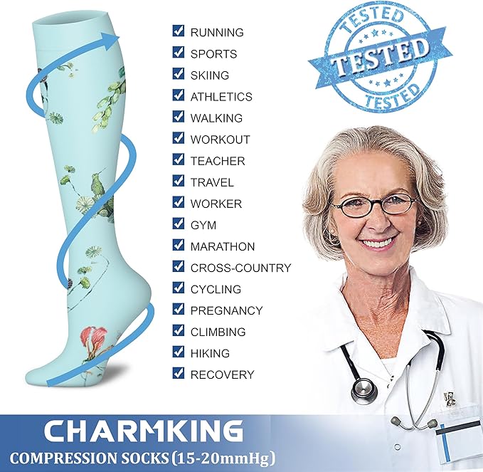 CHARMKING Compression Socks for Women & Men Circulation (8 Pairs) 15-20 mmHg is Best Support for Athletic Running,Hiking