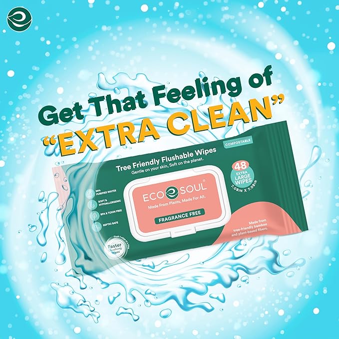 ECO SOUL Bamboo Flushable Extra-Large Adult Wipes-Unscented 192 Count |4 Pack of 48| Eco-Friendly Bamboo Wipes | 99% Purified Water, Hypoallergenic,Soft Wipes, BPA & Paraben free