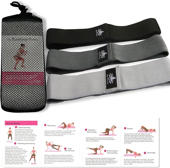 Hatha Yoga Large Resistance Band,14.5" x3.15",Fabric Exercise Loop Bands with Instruction Guide and Carry Bag, Set of 3.