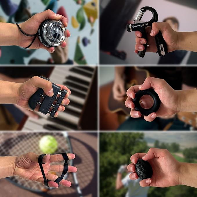 Hand Grip Strengthener Workout Kit (8 Pack) Forearm Grip Adjustable Resistance Hand Gripper, Finger Stretcher, Finger Exerciser, Grip Ring，Gyro Ball (black)