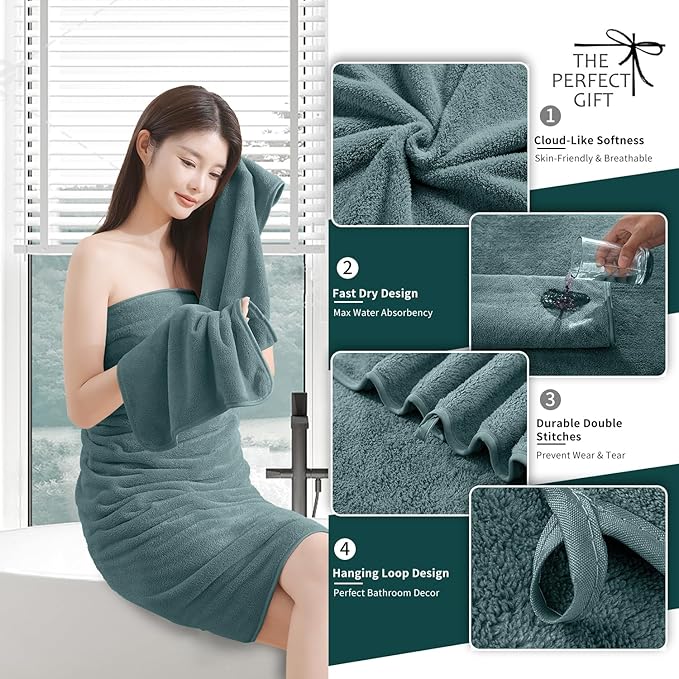 Extra Large Bath Sheet 4 Piece (35"x70")-Ultra Soft Oversized Bath Towel,Bath Sheet Set for Bathroom Hotel,Highly Absorbent Quick Dry Shower Towel Set for Adults,Bathroom Towel-Pine Green