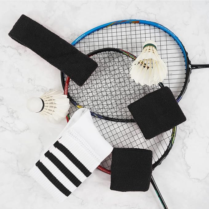 ONUPGO 5 Pieces Sweatbands Striped Socks Set Sports Headband Wristbands High Tube Socks 80s Accessories Costumes