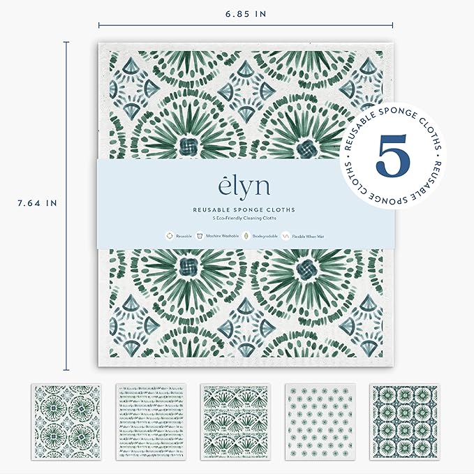 ELYN Swedish Dishcloths, Reusable & Washable Sponge Cloths, Absorbent Cleaning Paper Towels for Kitchen, Dishes, Counters and More, 5 Pack, Assorted Bohemian Patterns