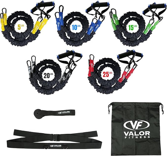 Valor Fitness Resistance Bands - 5lb to 25lbs - Carabiners Attached & 2 Bands per Weight Option with Handles– Sheath Covered - Strength Training New Compact 39" Design - Wall Door Rack Mount Options