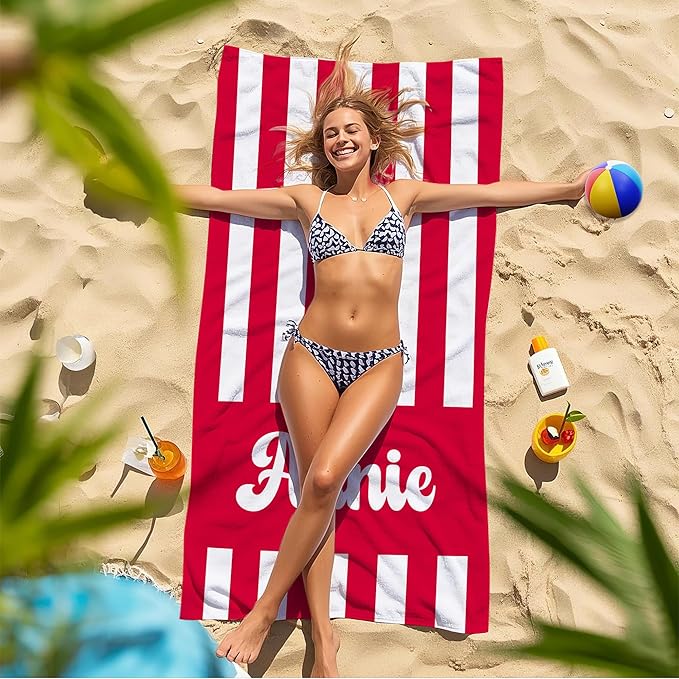 JML Personalized Beach Towel with Name, Custom Cabana Stripe Beach Towel, Customized Microfiber Pool Towel, Quick Dry & Absorbent Swim Towel for Adult,Mother's Day, Birthday, Summer Holiday,Vacation