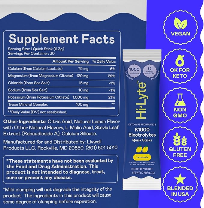 Hi-Lyte K1000 Electrolytes Sticks Lemonade Keto & Performance, 30 Servings - 1000mg Potassium + Magnesium, Sodium, Trace Minerals - 0 Carbs, 0 Sugar