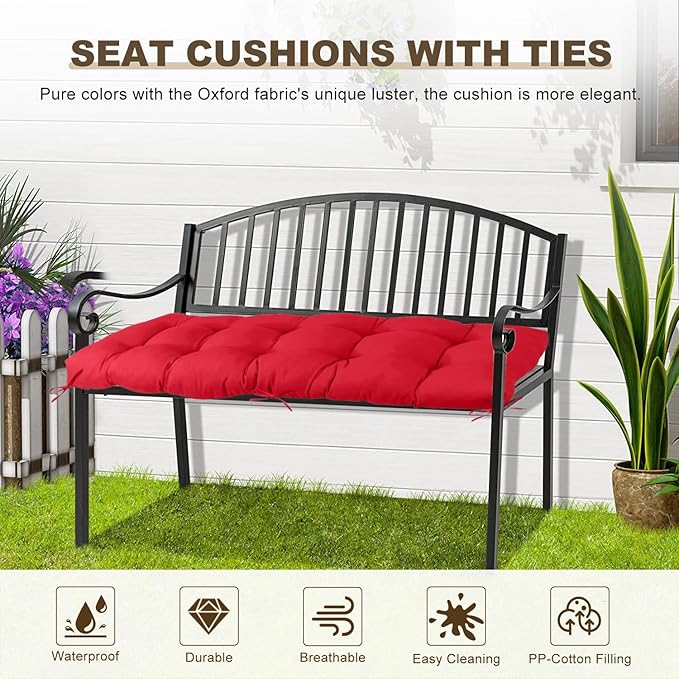 Outdoor Bench Cushion 60inches Waterproof & Fade Resistant Patio Furniture Cushions Tufted Fresh Porch Swing Lounger Loveseat Pads with Straps(Red-60x20in)