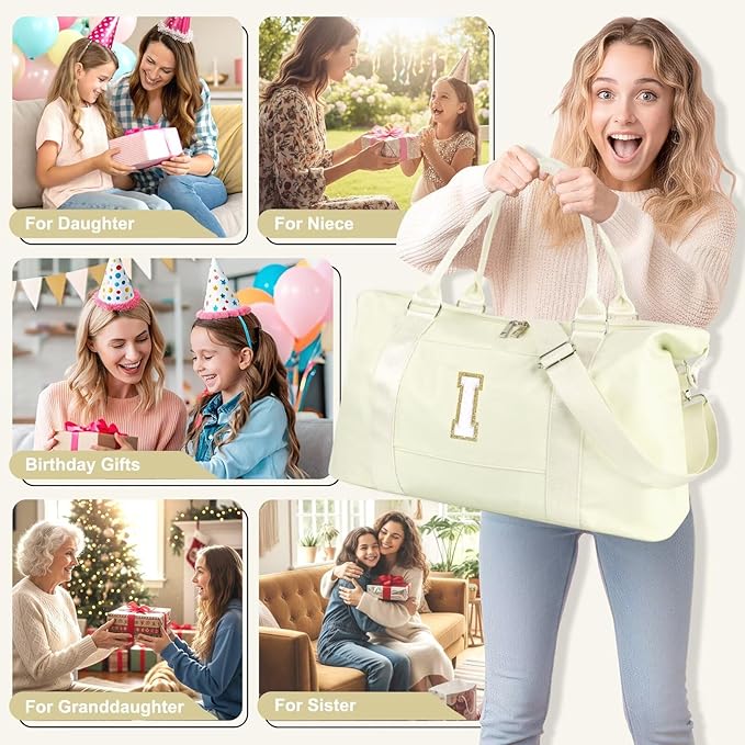 Dance Gym Duffel Bag for Teen Girls, Personalized Initial Travel Weekender Bag,Cute Overnight Carry On Duffle for Women,Sports Travel Cheer Bag,Monogram Christmas Gifts for Tween Preppy(beige-I)