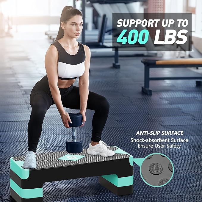 Aerobic Exercise Step, Adjustable Aerobic Stepper for Exercise, Workout Step Platform for Step Up, 26.5" Step Deck with 4” 6” 8” Adjustable Height Risers, Women Home Gym Cardio Fitness