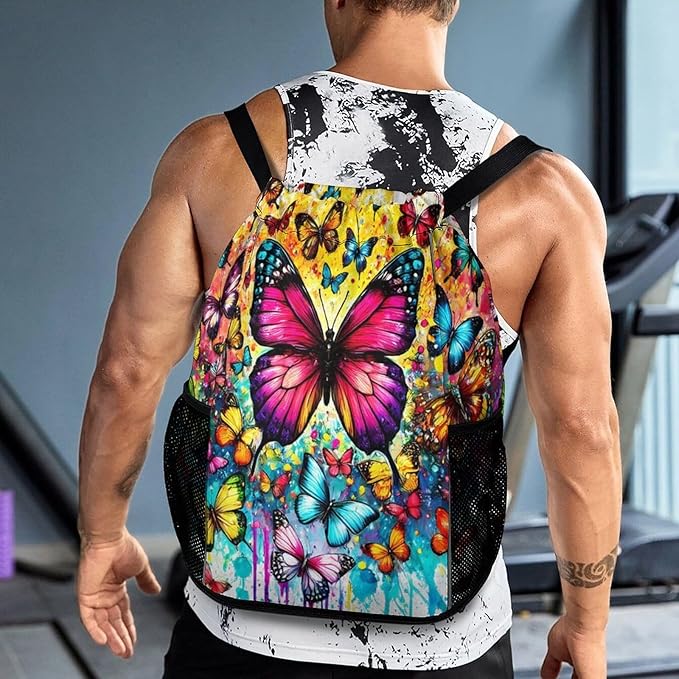 Butterfly Drawstring Backpack - Cute Cinch Sack, String Backpacks with Pocket for Kids Boys Girls Women Men for Gym Outdoor Sports Travel Athletic Drawstring Bag - Lightweight/Foldable