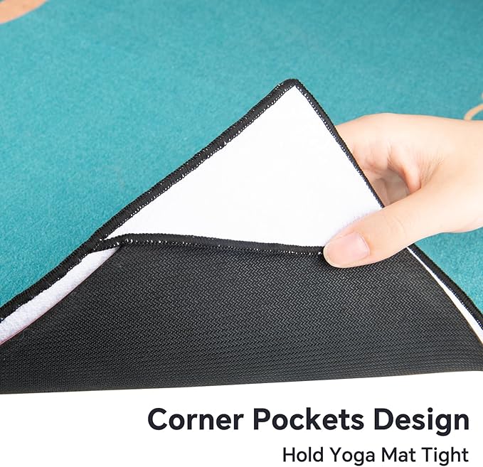 Colorful Star Large Yoga Mat Towel with Corner Pockets, Non Slip Grip Dots Absorbent Hot Yoga Towels, Yoga Blankets with Travel Bag, Mat Cover for Workout, Gym, Fitness - 74"x26", Turquoise Mandala