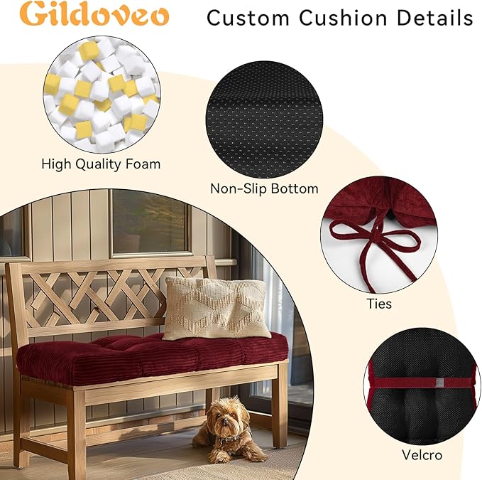 Detiblue Custom Tufted Bench Cushion,Bench Seat Cushions for Indoor/Outdoor Furniture,Customizable Size/Color/Fabric/Non-Slip Methods/Piping,Bay Window/Window seat/entryway Bench Cushion