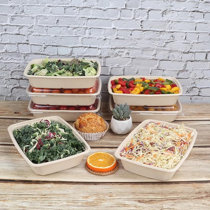 32 oz Rectangle Disposable bowls with lids,Sugarcane Fibers Bowls take away food containers Plant Fibers Freezer Safe 50 Pack