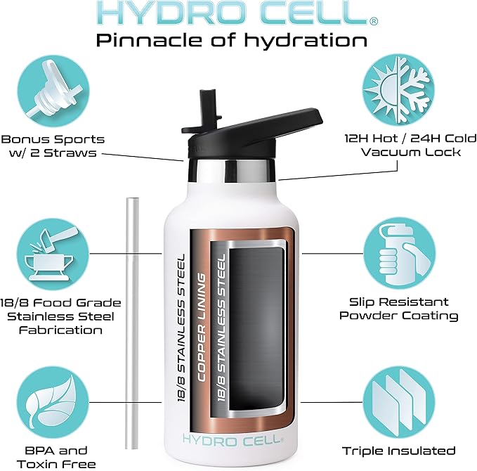 HYDRO CELL Stainless Steel Water Bottle with Straw & 2 Standard Mouth Lids (32oz 24oz 20oz 16oz) Keeps Liquids Hot or Cold w/Double Wall Vacuum Insulated Leak Proof Sport Design (White 16oz)