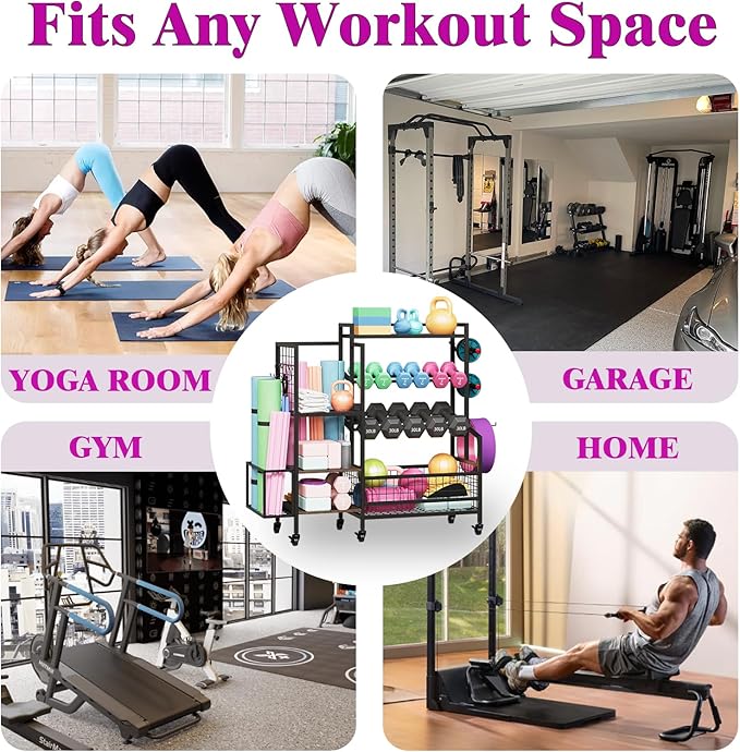 XL Dumbbell Rack Weight Stand – Adjustable Weight Storage Stand with Hooks for Home Gym, Kettlebells, Yoga Mat and Workout Equipment Heavy Duty Weight Rack with Wheels