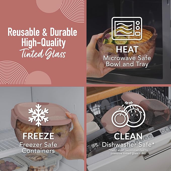 Bentgo Glass Prints All-in-One Salad Container - 61oz Tinted Glass Salad Bowl with Lid, Bento-Style Tray, Sauce Container, & Reusable Fork - Dishwasher & Microwave Safe (Mod Curve - Desert Rose)
